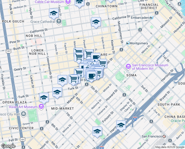 map of restaurants, bars, coffee shops, grocery stores, and more near 870 Market Street in San Francisco