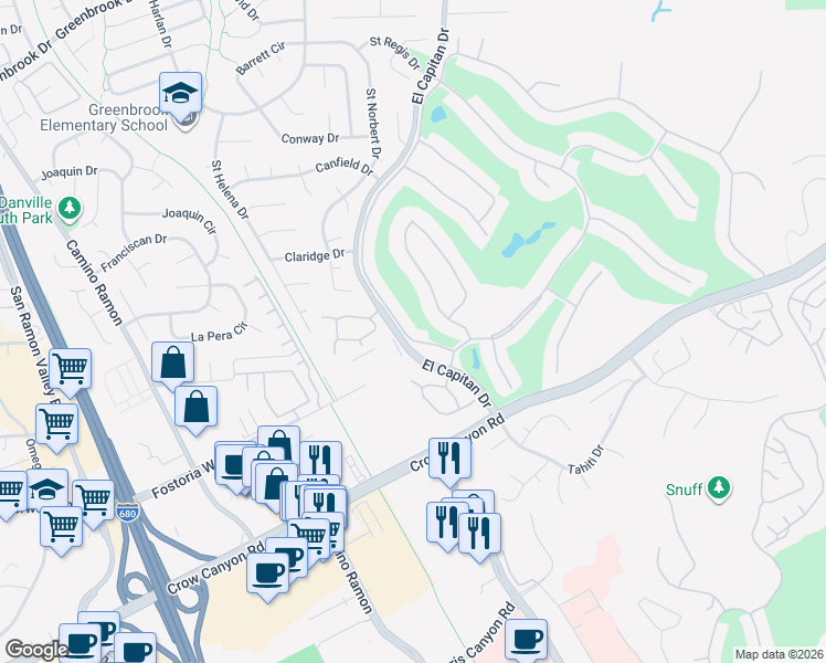 map of restaurants, bars, coffee shops, grocery stores, and more near 1980 Saint George Road in Danville