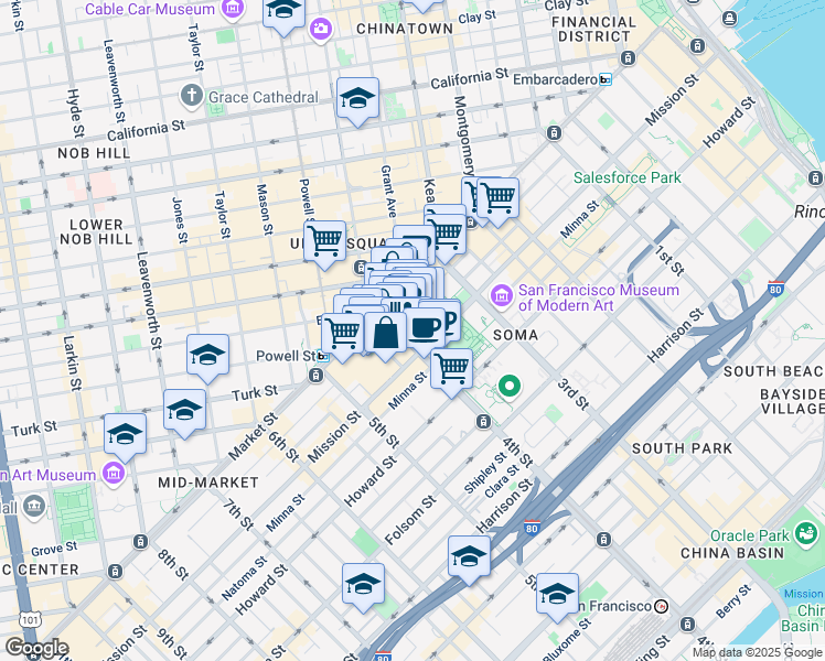 map of restaurants, bars, coffee shops, grocery stores, and more near 55 4th Street in San Francisco