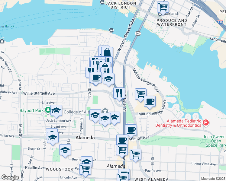 map of restaurants, bars, coffee shops, grocery stores, and more near 2229 Mariner Square Loop in Alameda