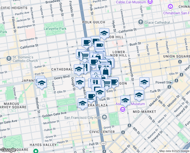 map of restaurants, bars, coffee shops, grocery stores, and more near 1000 Van Ness Avenue in San Francisco