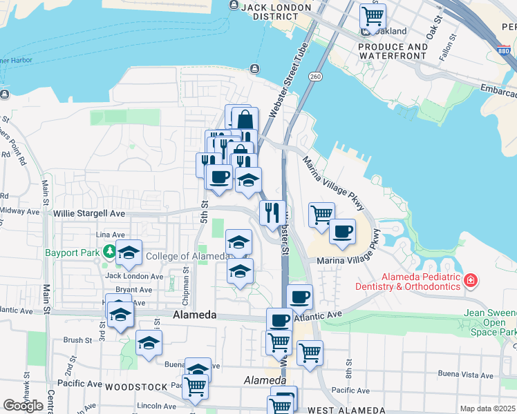map of restaurants, bars, coffee shops, grocery stores, and more near 2229 Mariner Square Loop in Alameda