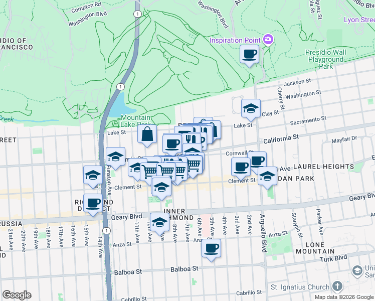 map of restaurants, bars, coffee shops, grocery stores, and more near 4508 California Street in San Francisco