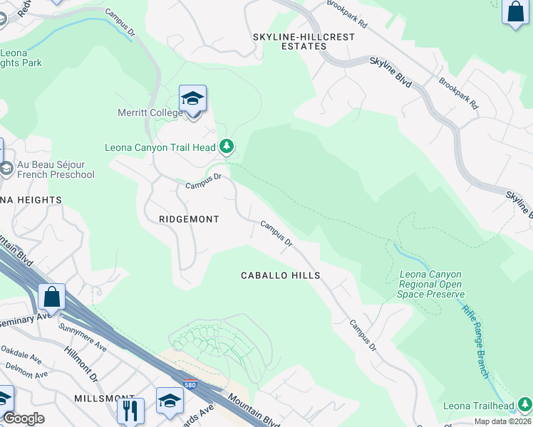 map of restaurants, bars, coffee shops, grocery stores, and more near 13378 Campus Drive in Oakland