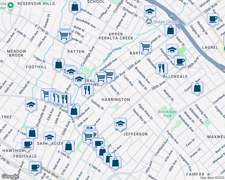 map of restaurants, bars, coffee shops, grocery stores, and more near 3535 Custer Street in Oakland
