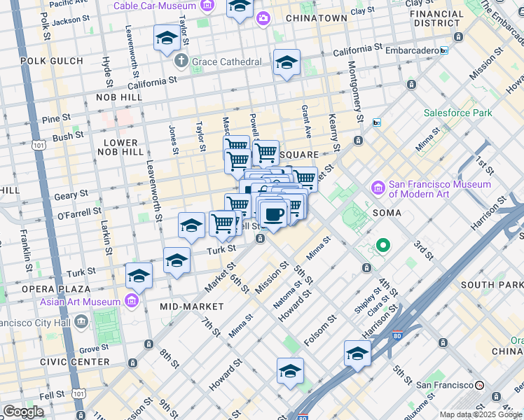 map of restaurants, bars, coffee shops, grocery stores, and more near 49 Powell Street in San Francisco