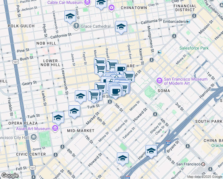 map of restaurants, bars, coffee shops, grocery stores, and more near in San Francisco