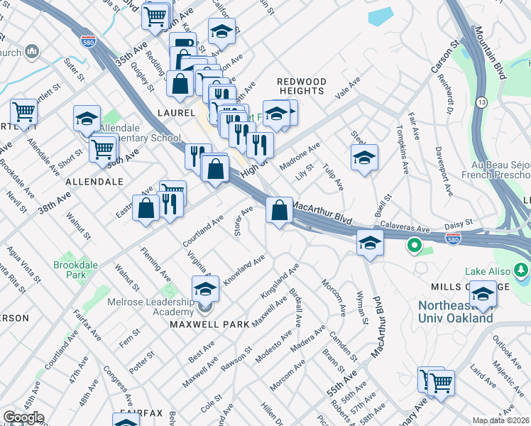 map of restaurants, bars, coffee shops, grocery stores, and more near 4475 Redding Street in Oakland