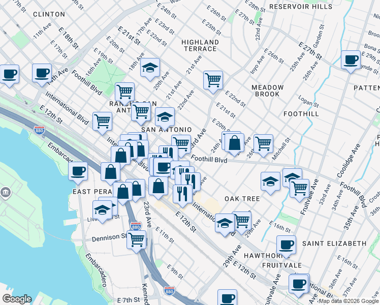 map of restaurants, bars, coffee shops, grocery stores, and more near 2308 Foothill Boulevard in Oakland