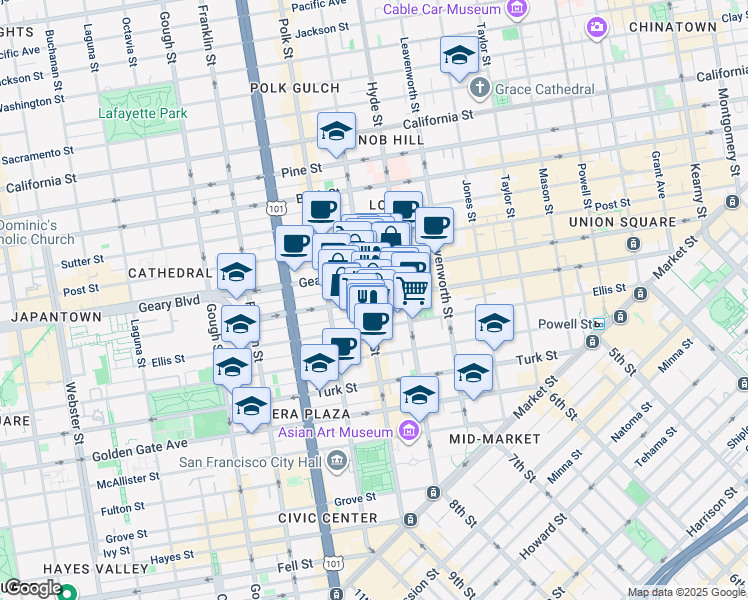 map of restaurants, bars, coffee shops, grocery stores, and more near 641 O'Farrell Street in San Francisco