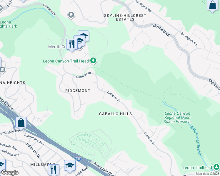 map of restaurants, bars, coffee shops, grocery stores, and more near 13378 Campus Drive in Oakland