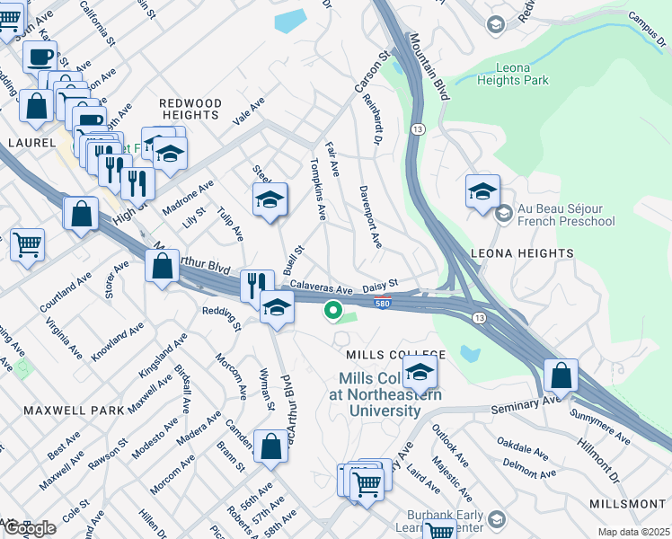 map of restaurants, bars, coffee shops, grocery stores, and more near 4805 Daisy Street in Oakland