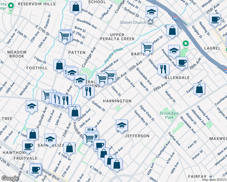 map of restaurants, bars, coffee shops, grocery stores, and more near 3535 Custer Street in Oakland