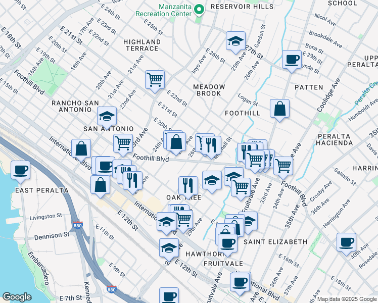 map of restaurants, bars, coffee shops, grocery stores, and more near in Oakland