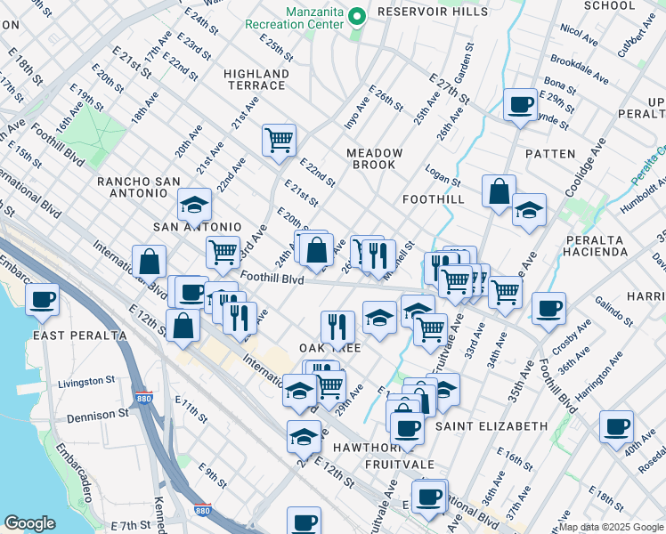 map of restaurants, bars, coffee shops, grocery stores, and more near in Oakland