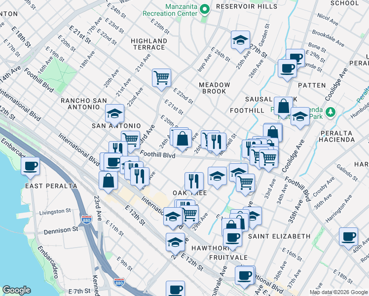 map of restaurants, bars, coffee shops, grocery stores, and more near in Oakland