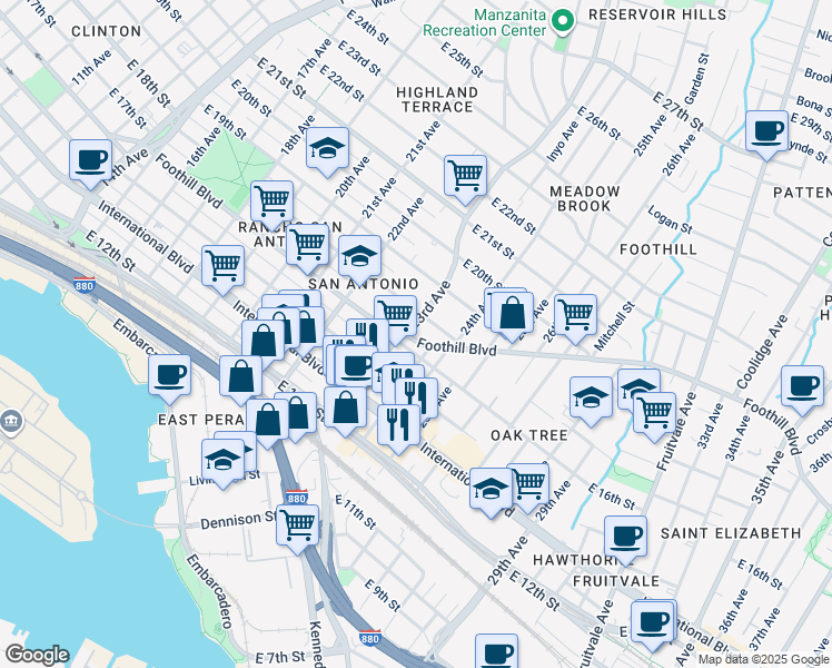 map of restaurants, bars, coffee shops, grocery stores, and more near 2324 Foothill Boulevard in Oakland