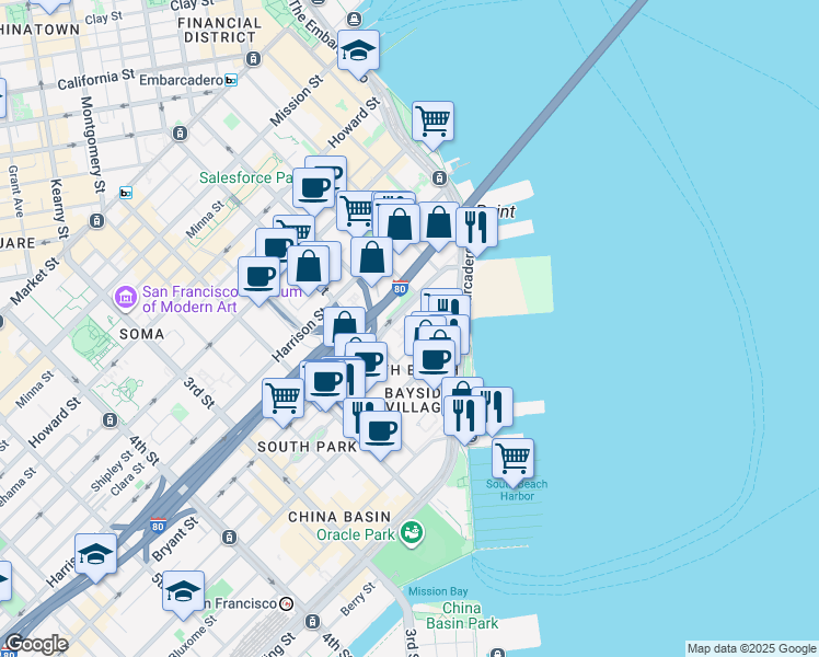 map of restaurants, bars, coffee shops, grocery stores, and more near 160 Brannan Street in San Francisco