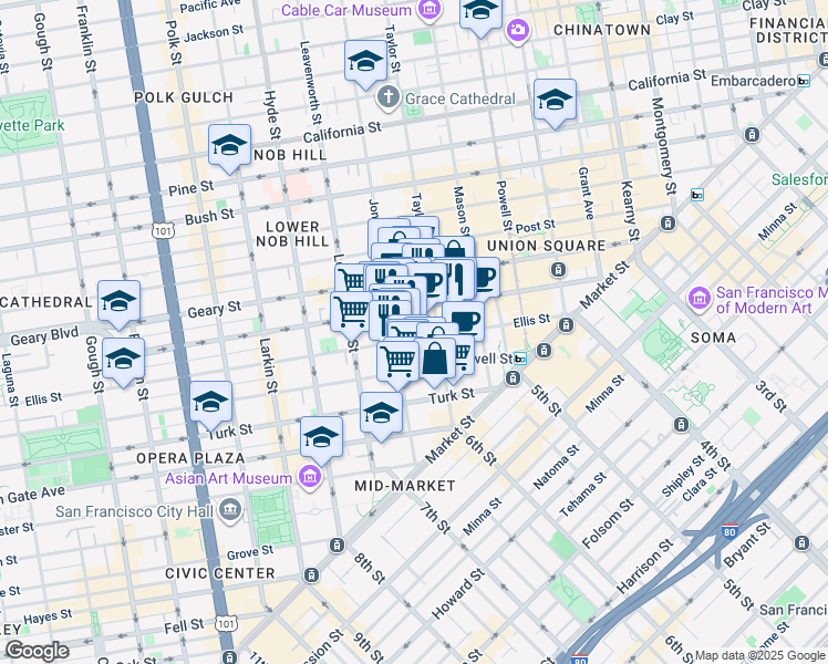 map of restaurants, bars, coffee shops, grocery stores, and more near 344 Ellis Street in San Francisco