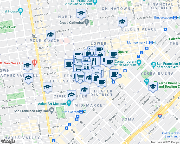 map of restaurants, bars, coffee shops, grocery stores, and more near 344 Ellis Street in San Francisco