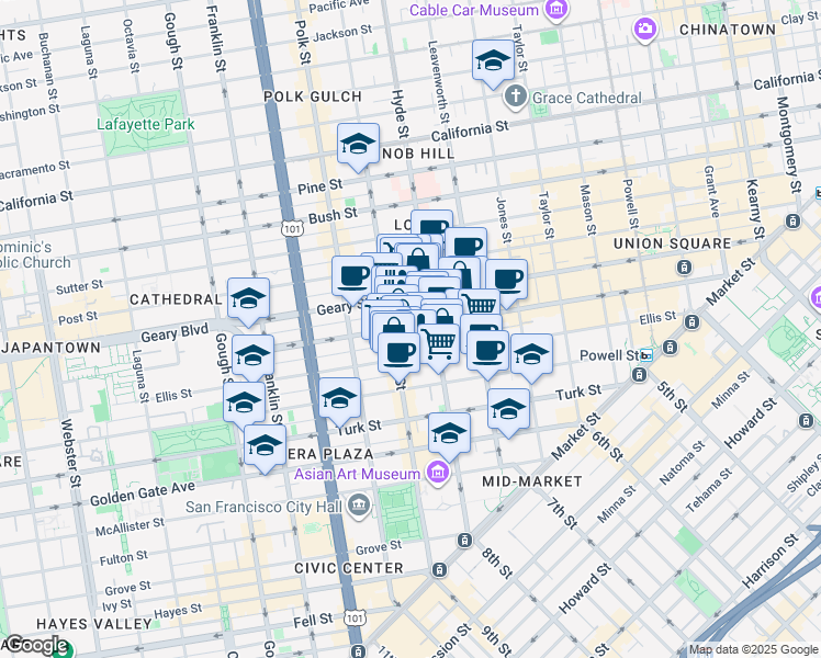 map of restaurants, bars, coffee shops, grocery stores, and more near in San Francisco
