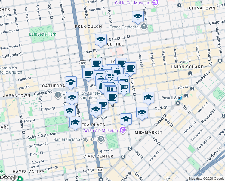 map of restaurants, bars, coffee shops, grocery stores, and more near 739 Larkin Street in San Francisco