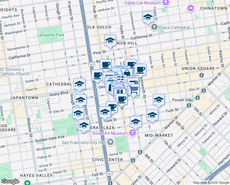map of restaurants, bars, coffee shops, grocery stores, and more near in San Francisco