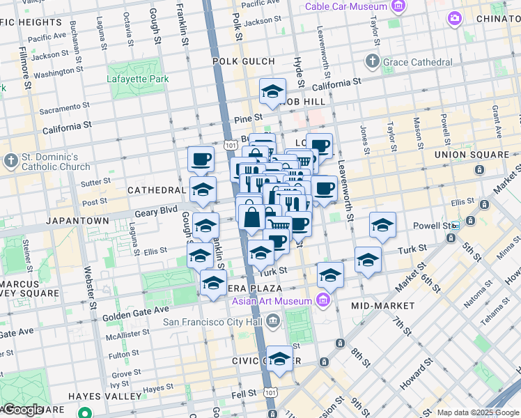 map of restaurants, bars, coffee shops, grocery stores, and more near 888 O'Farrell Street in San Francisco