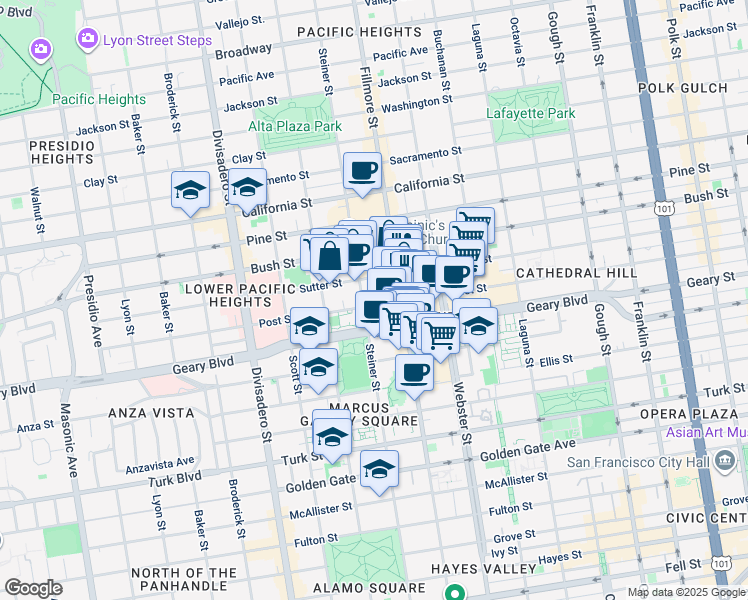 map of restaurants, bars, coffee shops, grocery stores, and more near 1970 Post Street in San Francisco
