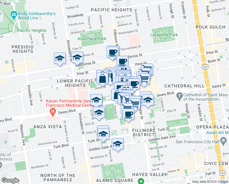 map of restaurants, bars, coffee shops, grocery stores, and more near 1970 Post Street in San Francisco