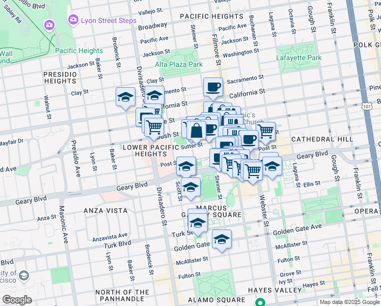 map of restaurants, bars, coffee shops, grocery stores, and more near 2135 Sutter Street in San Francisco