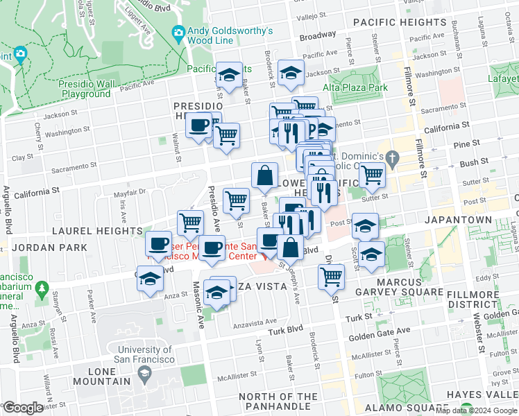 map of restaurants, bars, coffee shops, grocery stores, and more near 2608 Sutter Street in San Francisco