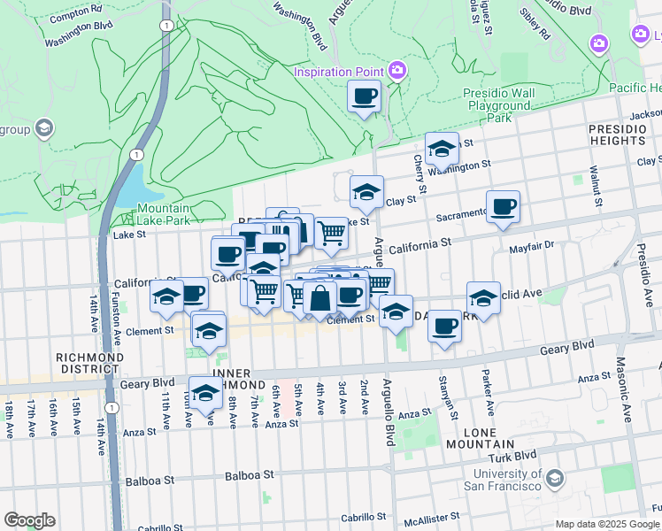 map of restaurants, bars, coffee shops, grocery stores, and more near 4101 California Street in San Francisco