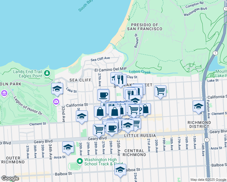 map of restaurants, bars, coffee shops, grocery stores, and more near 235 25th Avenue in San Francisco