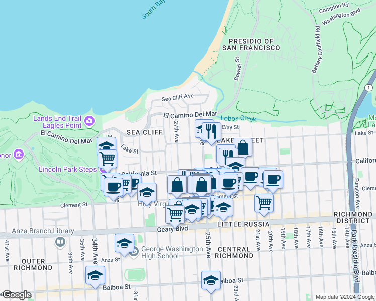 map of restaurants, bars, coffee shops, grocery stores, and more near 234 27th Avenue in San Francisco