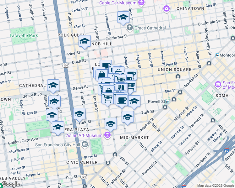 map of restaurants, bars, coffee shops, grocery stores, and more near in San Francisco