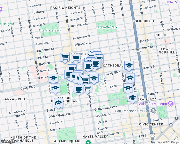 map of restaurants, bars, coffee shops, grocery stores, and more near 1737 Post Street in San Francisco