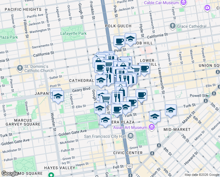 map of restaurants, bars, coffee shops, grocery stores, and more near 236 Myrtle Street in San Francisco