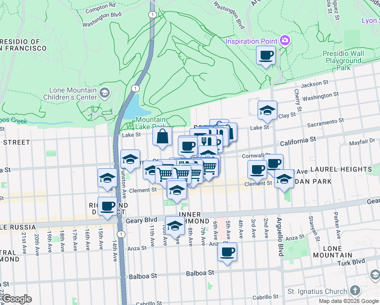 map of restaurants, bars, coffee shops, grocery stores, and more near 4508 California Street in San Francisco