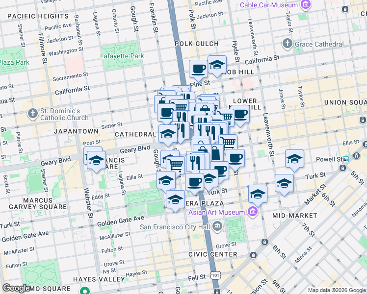 map of restaurants, bars, coffee shops, grocery stores, and more near 236 Myrtle Street in San Francisco