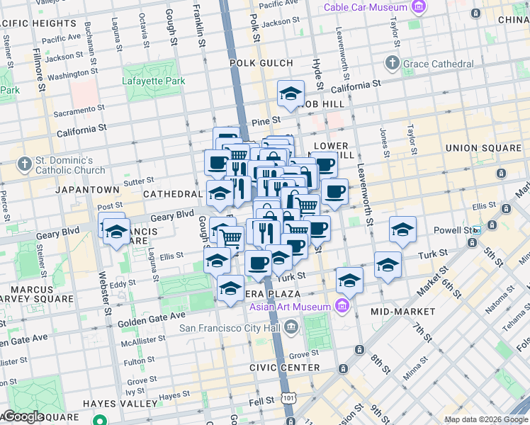 map of restaurants, bars, coffee shops, grocery stores, and more near 1024 Van Ness Avenue in San Francisco