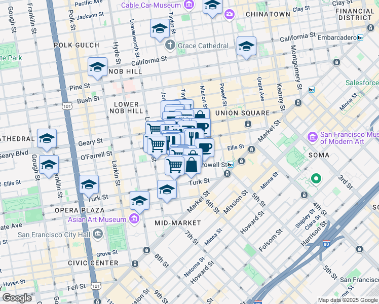 map of restaurants, bars, coffee shops, grocery stores, and more near 330 Ellis Street in San Francisco