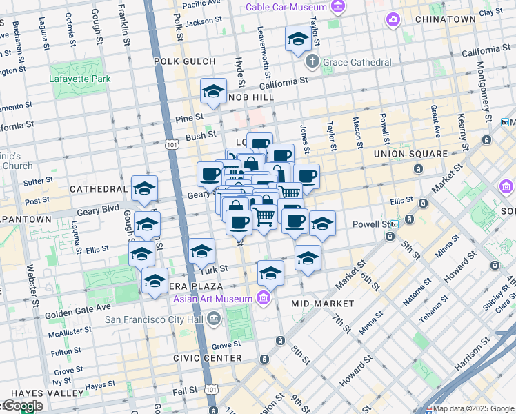 map of restaurants, bars, coffee shops, grocery stores, and more near in San Francisco