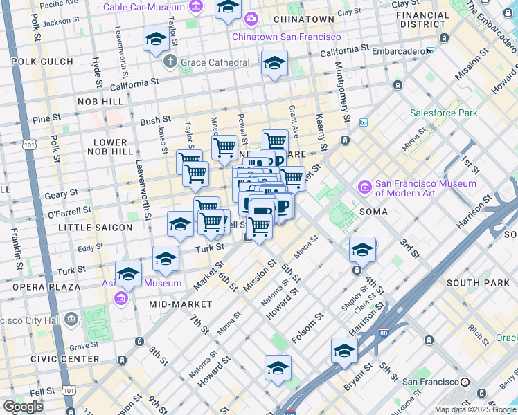 map of restaurants, bars, coffee shops, grocery stores, and more near 899 Market Street in San Francisco