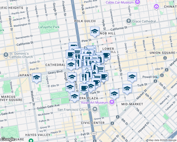 map of restaurants, bars, coffee shops, grocery stores, and more near 1000 Van Ness Avenue in San Francisco