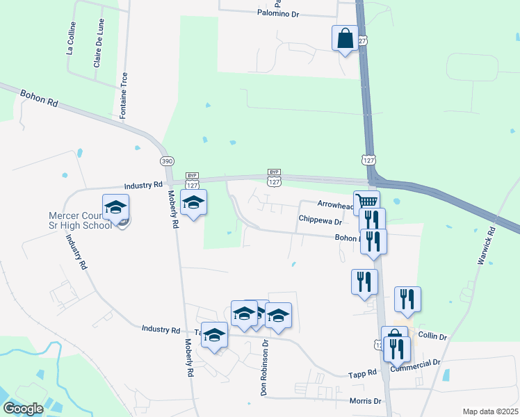 map of restaurants, bars, coffee shops, grocery stores, and more near 524 Tomahawk Drive in Harrodsburg