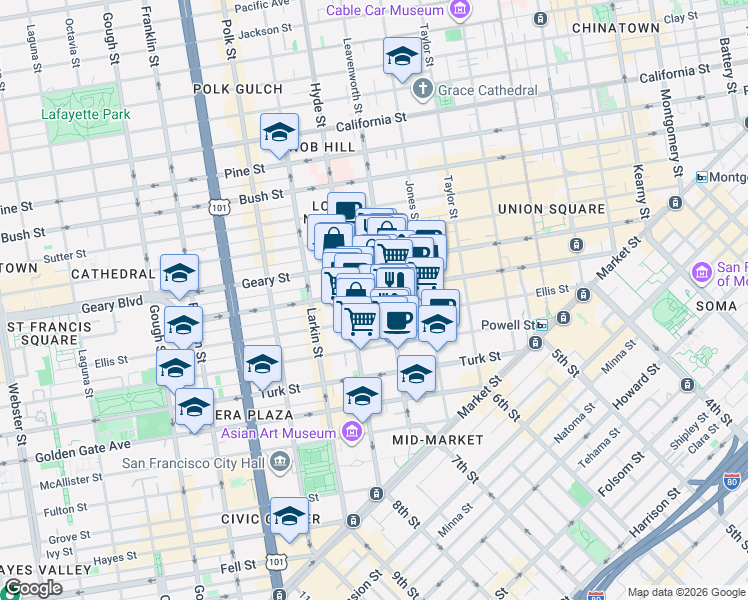 map of restaurants, bars, coffee shops, grocery stores, and more near in San Francisco