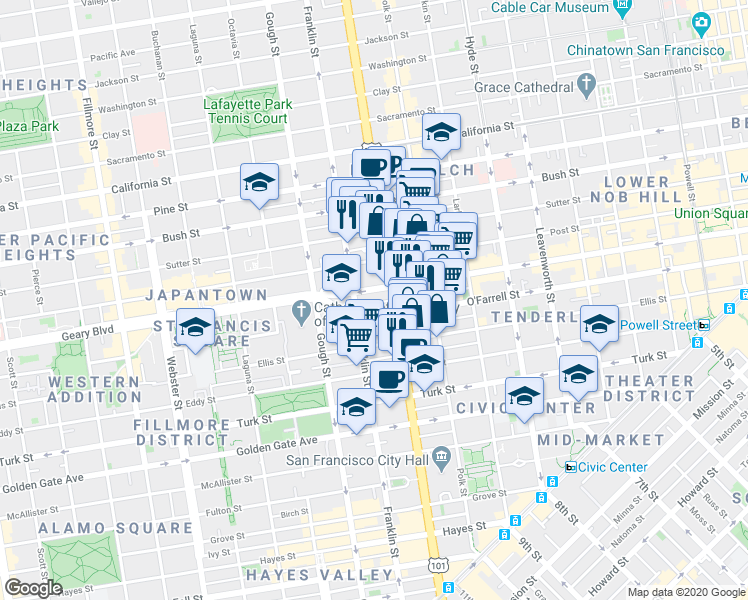 map of restaurants, bars, coffee shops, grocery stores, and more near 248 Myrtle Street in San Francisco