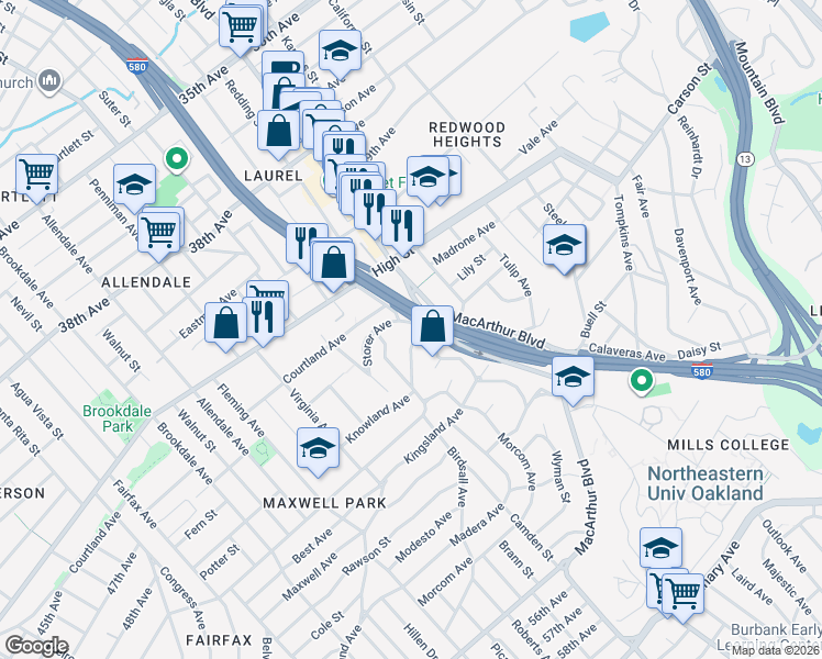 map of restaurants, bars, coffee shops, grocery stores, and more near 4475 Redding Street in Oakland