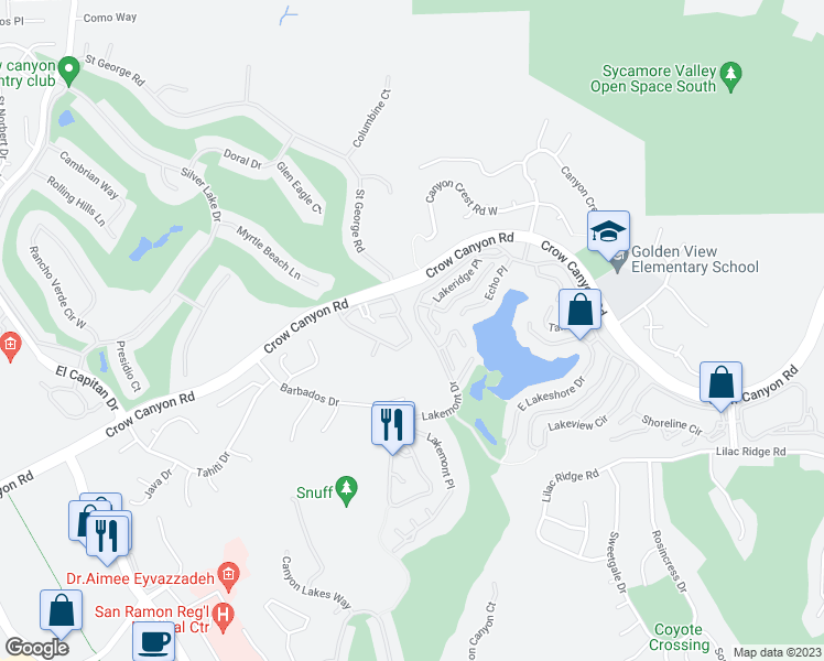 map of restaurants, bars, coffee shops, grocery stores, and more near 3783 Crow Canyon Road in San Ramon